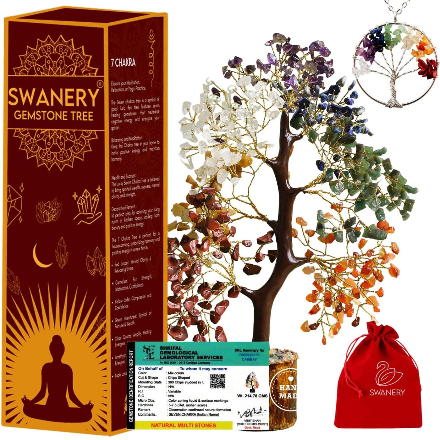 Swanery Tree of Life 7 Chakra Healing Crystal Trees for Home Decor Office Desk Decor Living Room Decor Handmade Bonsai Trees for Positive Energy Money Good Luck Birthday Gifts for Women Mom