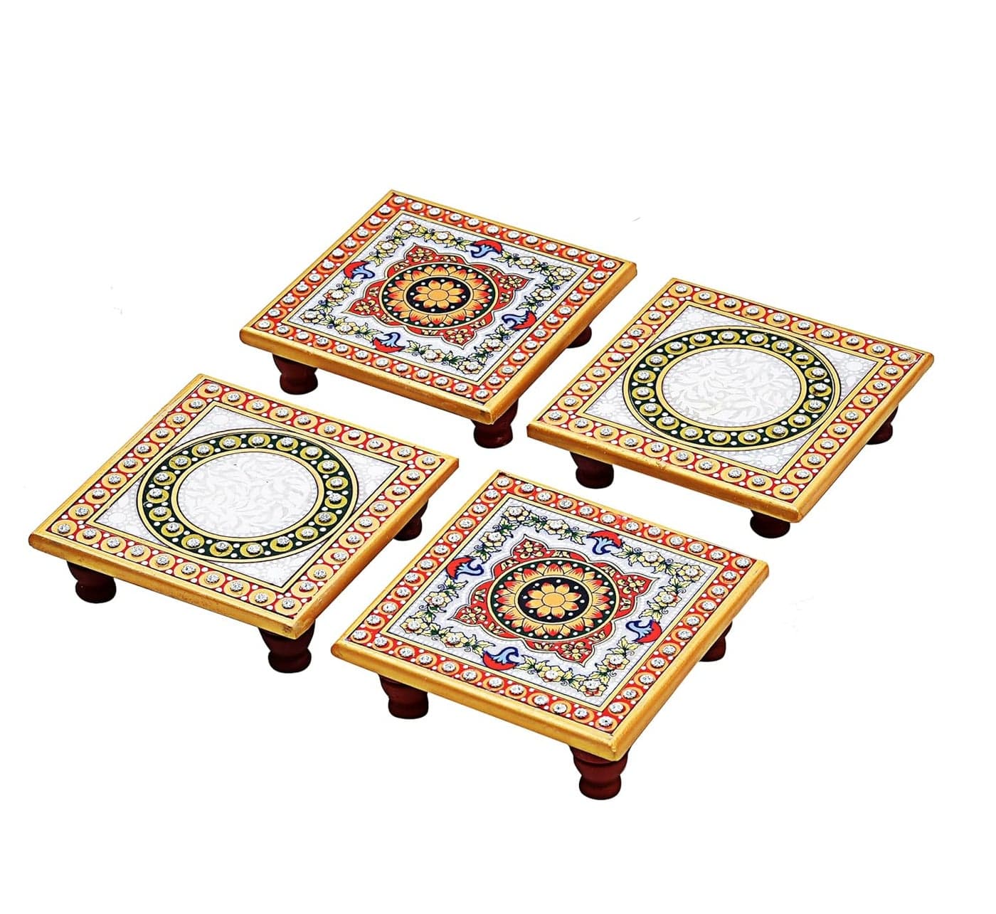 Handicraft Home Decor Designer Decorative Marble Pooja Chowki Printed Peacock and Flower Design for Puja Room Home Office Multicolour 4x4 Inch Pack of 4