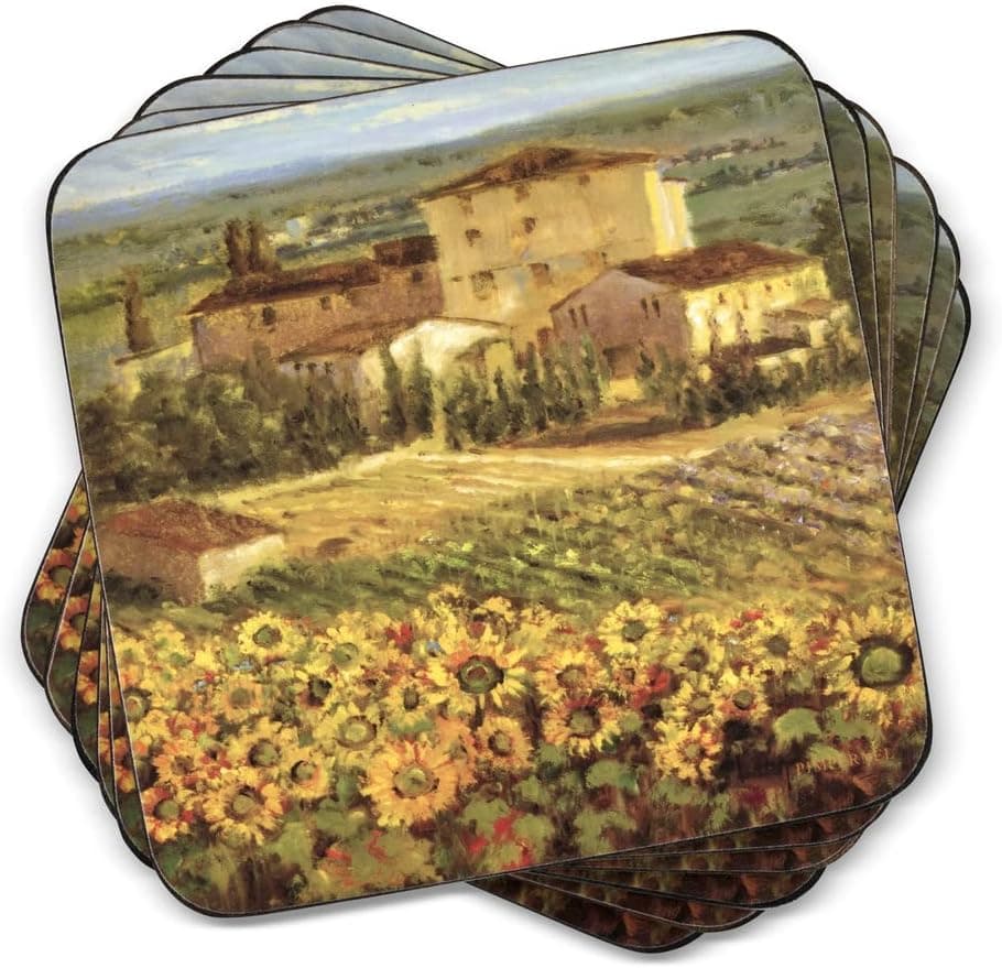 Pimpernel Tuscany Coasters Set of 6 Cork Backed Square Drink Coasters with Rustic Vineyard Scene Heat Stain Resistant Surface Protectors for Italian Table Decor or Mediterranean Kitchen Themes