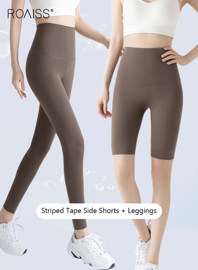 2 Pack Women Striped Sweatpants Fitted Leggings Cropped Shorts High Elastic Fabric Yoga Fitness Pants Wear resistant and Anti wrinkle Can be Worn Outside Tighten the Waist Modify Body Proportions Brown
