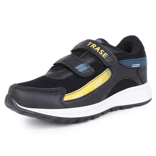 TRASE Sports Shoes for Kids | Running Shoes for Boys & Girls with Hook & Loop | Anti-Skid Comfortable Lightweight Footwear with Breathable Fabric (Black-Yellow, 1 UK)