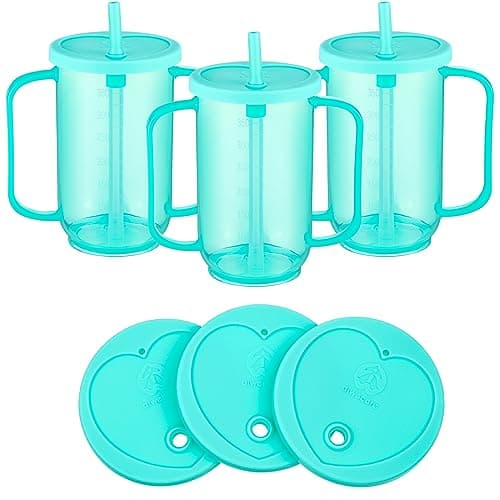 Sliner 3 Pcs Adult Sippy Cups for Elderly, 12 oz Plastic Spill Proof Cups with 2 Handles Straw and Lid for Adults Hospital Disabled Dysphagia Patients (Blue)