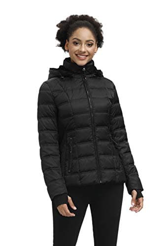 SLOW DOWN Women Down Puffer Jacket Warm Hooded Winter Down Puffer Coat with Faux-Fur Hood & Collar (Black, XL)