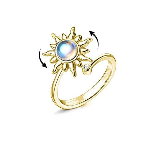 COLORFUL BLING Anxiety Fidget Spinner Ring Fidget Rings for Anxiety Relief Stress Open Adjustable Flower Moon Star Figet Spinning Ring Stackable Ring Fidget Jewelry Women - Moonstone sun Gold