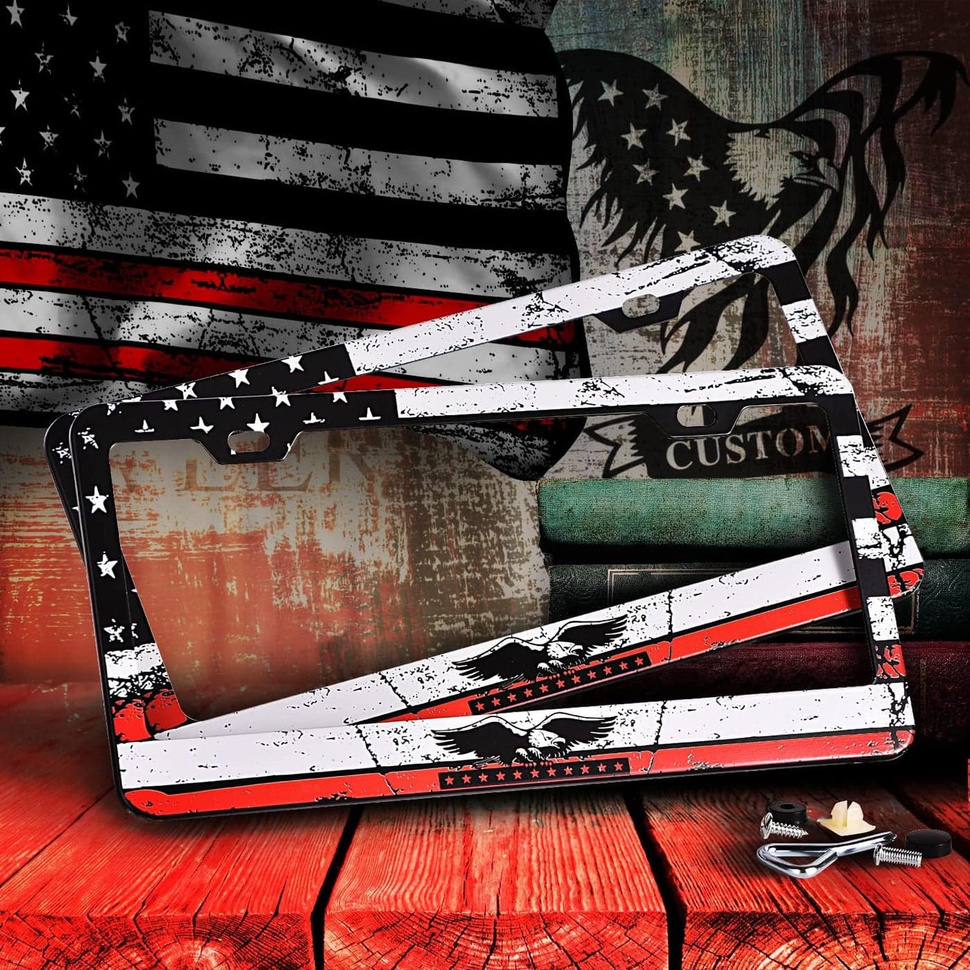 VaisbyTown USA Flag License Plate Frame with Eagle Design - 2 Pack
