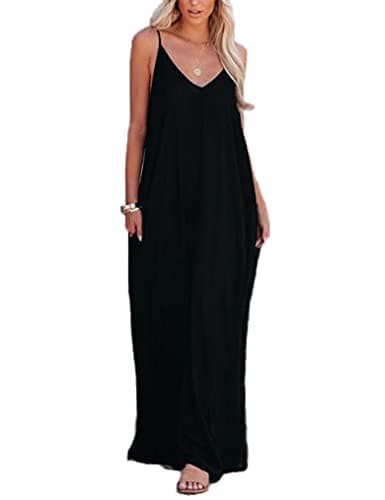 Poetsky Womens Casual Beach Pockets Flowy Floor Length Tank Cami Dresses (XL, Black)