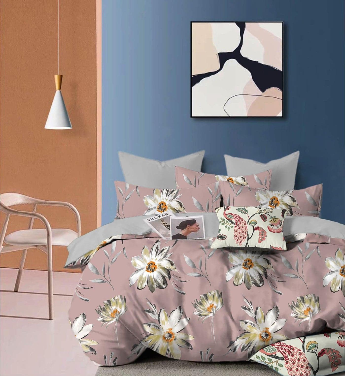 DECOMIZER 300 Tc Cotton Feel Glace Cotton Elastic Fitted Printed King Size Double Bed Bedsheet With 2 Pillow Coverm Fits Upto 8 Inches Mattress,Size- 72x78x10 Inches,Peach Marigold