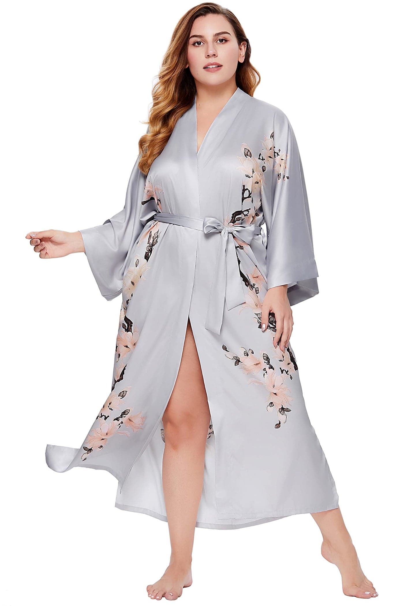BABEYOND Plus Size Long Kimono Robe Floral Satin Robes Silky Kimono Cover Up Loose Cardigan Top Bachelorette Party Robe
