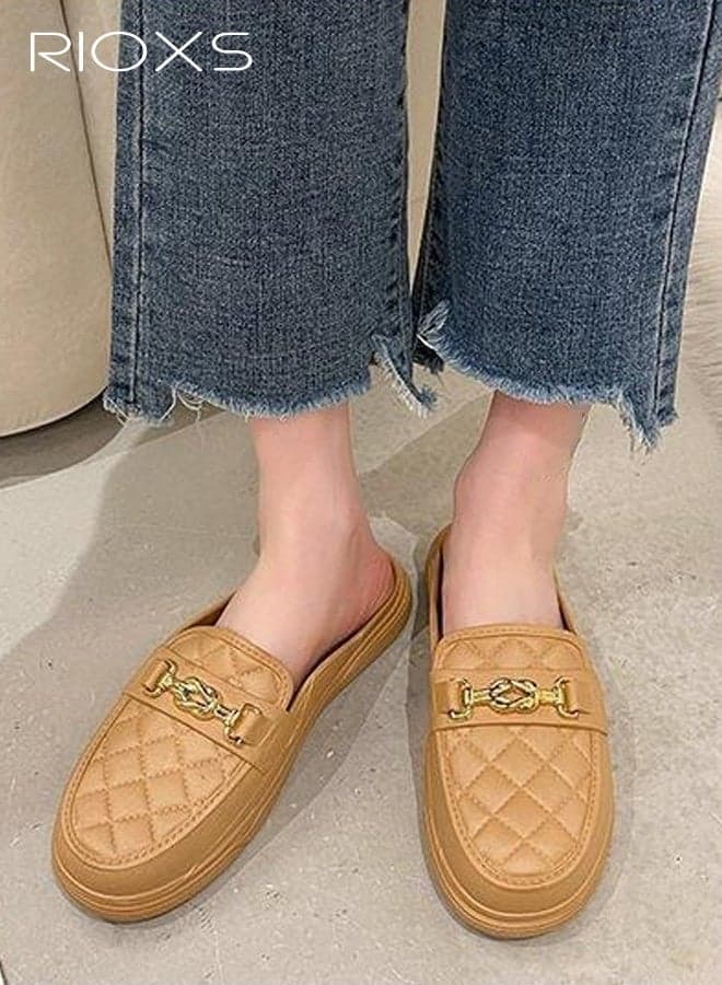Women's Flat Mule, Closed Round Toe Slide Sandals, Fashion Slip-Ons Loafers for Women, Classic Backless Mule Shoes, Ladys Comfort Lightweight Walking Penny Shoes, Comfy Clog Mules Dress Slippers for Female, Open-Back Mules with Cutout Heel Detail, Ladies Footwear Brown