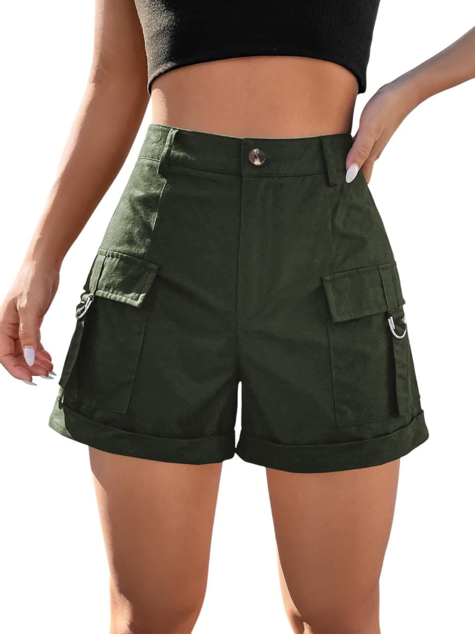 GRECIILOOKS Women’S High Waisted Cotton Cargo Shorts, Casual Utility Shorts with Pockets for Summer Streetwear & Outdoor (GL-SH351-2XL-GREEN)