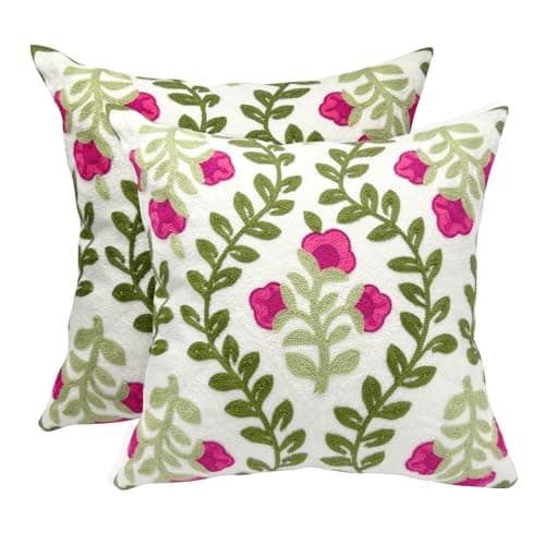Alysheer Summer Decorative Throw Pillow Covers 18x 18 Set of 2 Floral Embroidered Farmhouse Hot Pink Flowers Green Vine Patterned Cotton Canvas Cushion Case for Sofa Couch Bed Living Room Decor