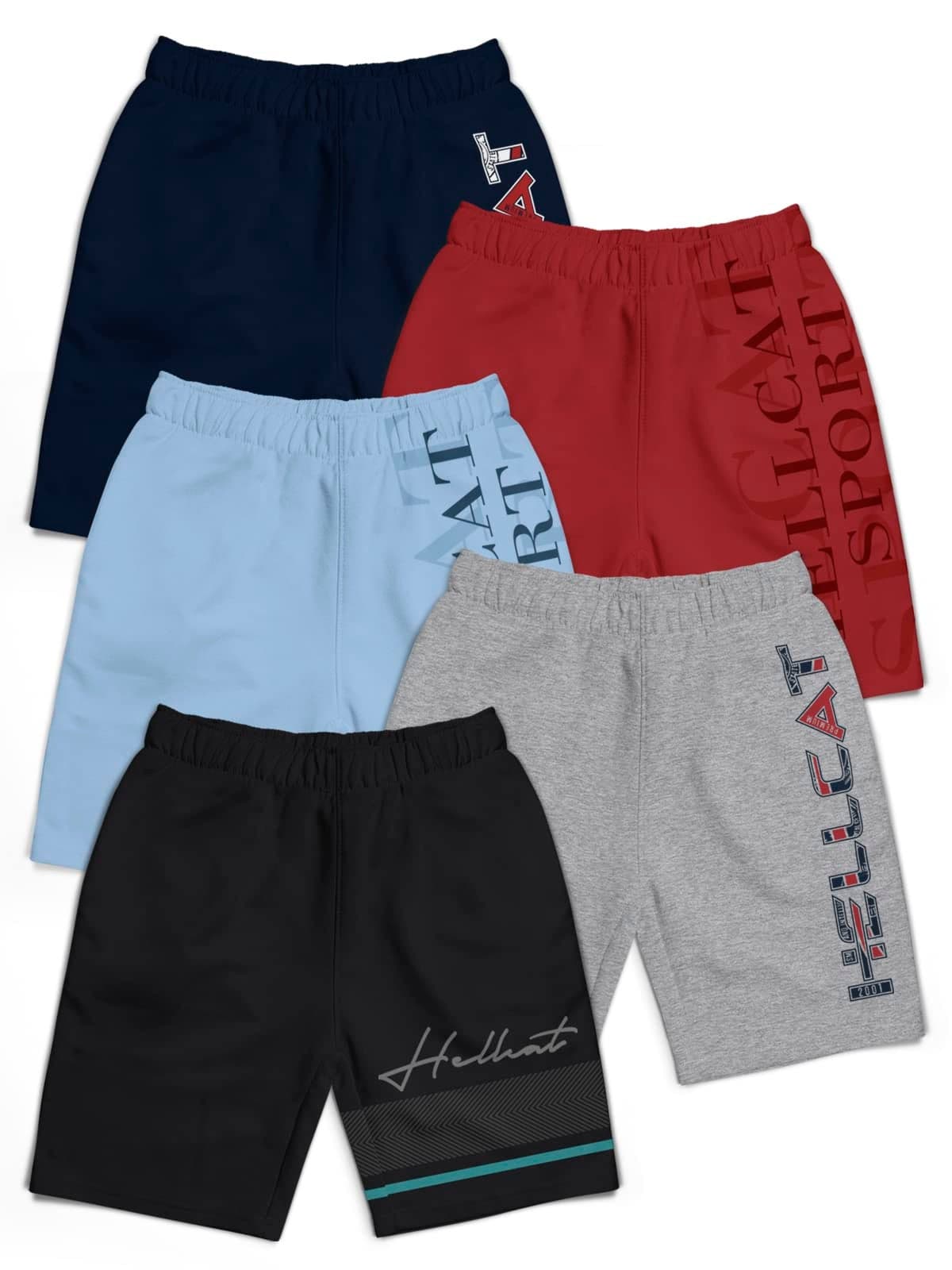 HELLCAT Pack of 5 Trendy Typographic Printed Mid Rise Shorts for Boys - Black/Grey Melange/Sky Blue/Maroon/Navy Blue / 9-10 Years