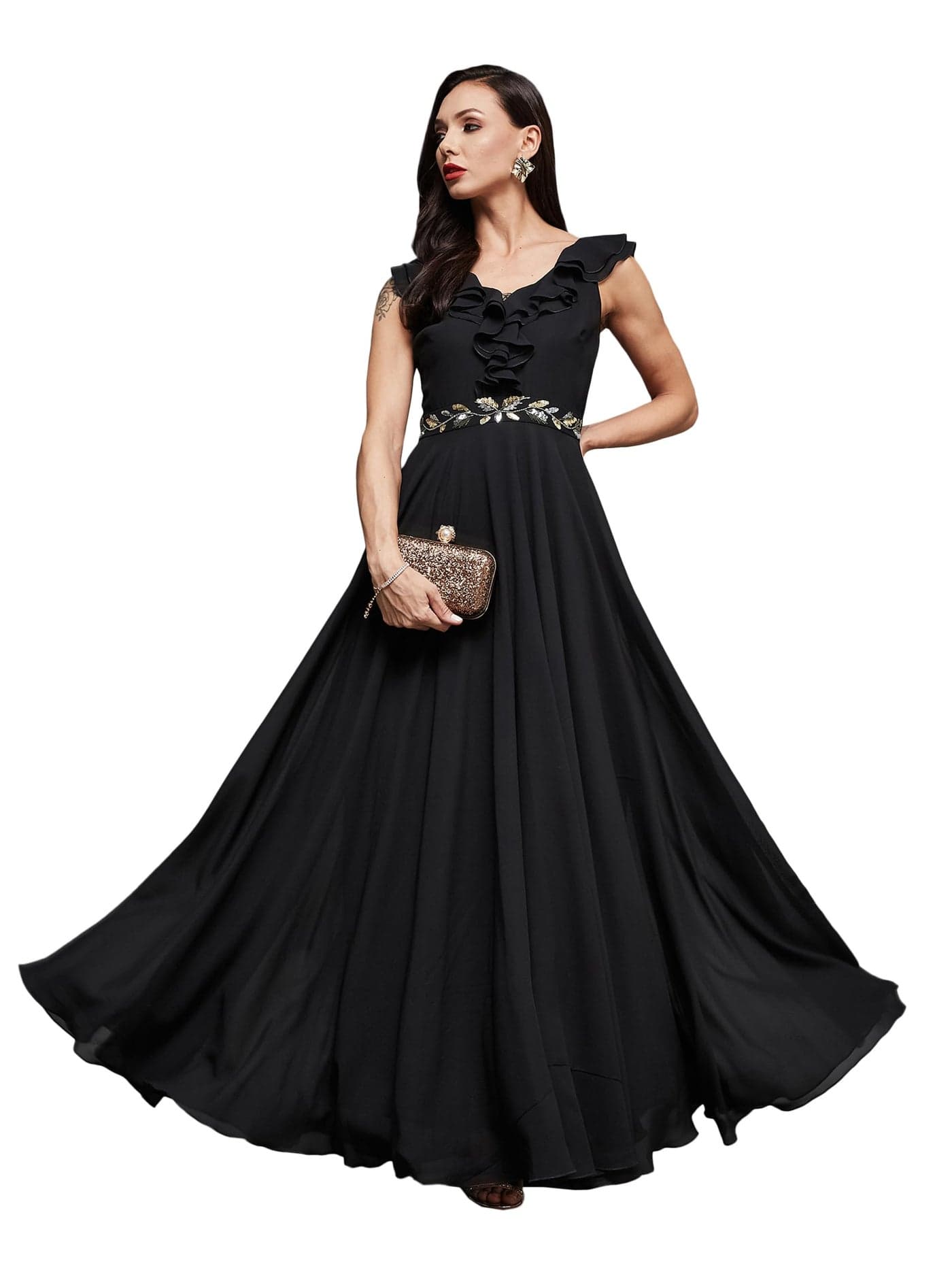 Miss Chase Women's Sleeveless Ruffled Maxi Dress (MCAW22D99-88-380-05, Jet Black, L)