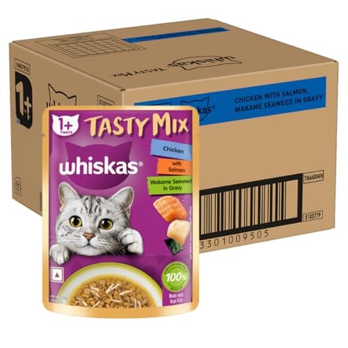 Whiskas Tasty Mix Adult (1+ Year) Wet Cat Food, Chicken with Salmon Wakame Seaweed in Gravy, 70 g, Pack of 28|Made with Real Fish|Complete & Balanced Nutrition for Adult Cat