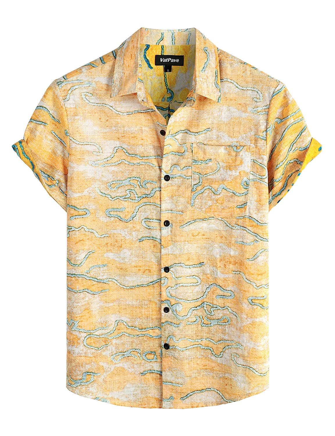 VATPAVE Mens Front Pocket Hawaiian Shirts Casual Floral Shirts Short Sleeve Button Down Beach Tropical Shirts X-Large Yellow Floral