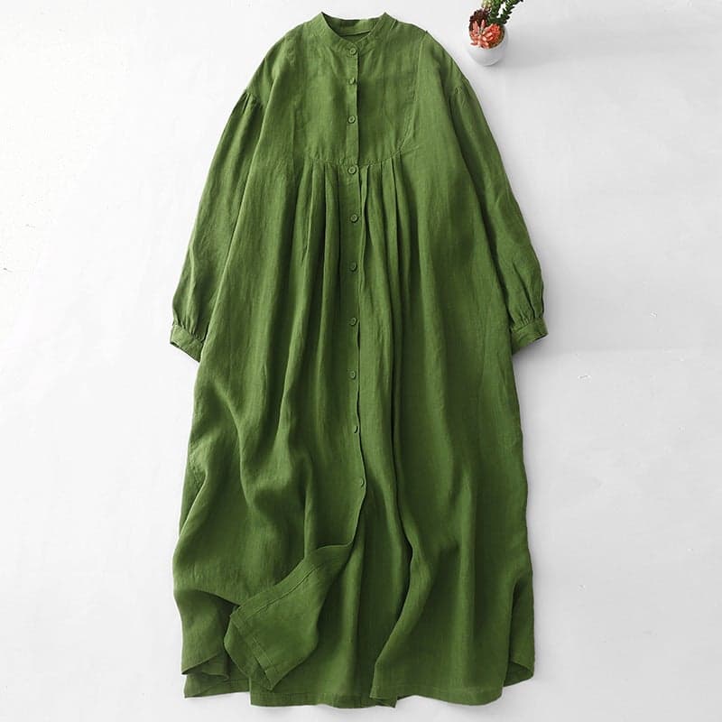 2025 Real S Cotton And Linen Plus Size Women'S Stand Collar New Literary Retro Temperament Loose Robe Long Sleeve Dress