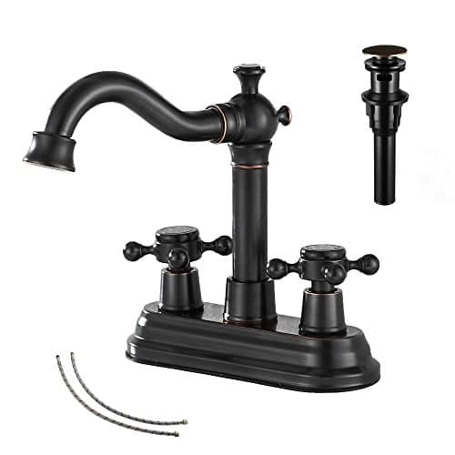 Bathroom Faucet Oil Rubbed Bronze GGStudy 2 Handles 4 Inches Centerset Bathroom Vanity with Drain Assembly and Supply Hose Lavatory Mixer Double Handle Tap