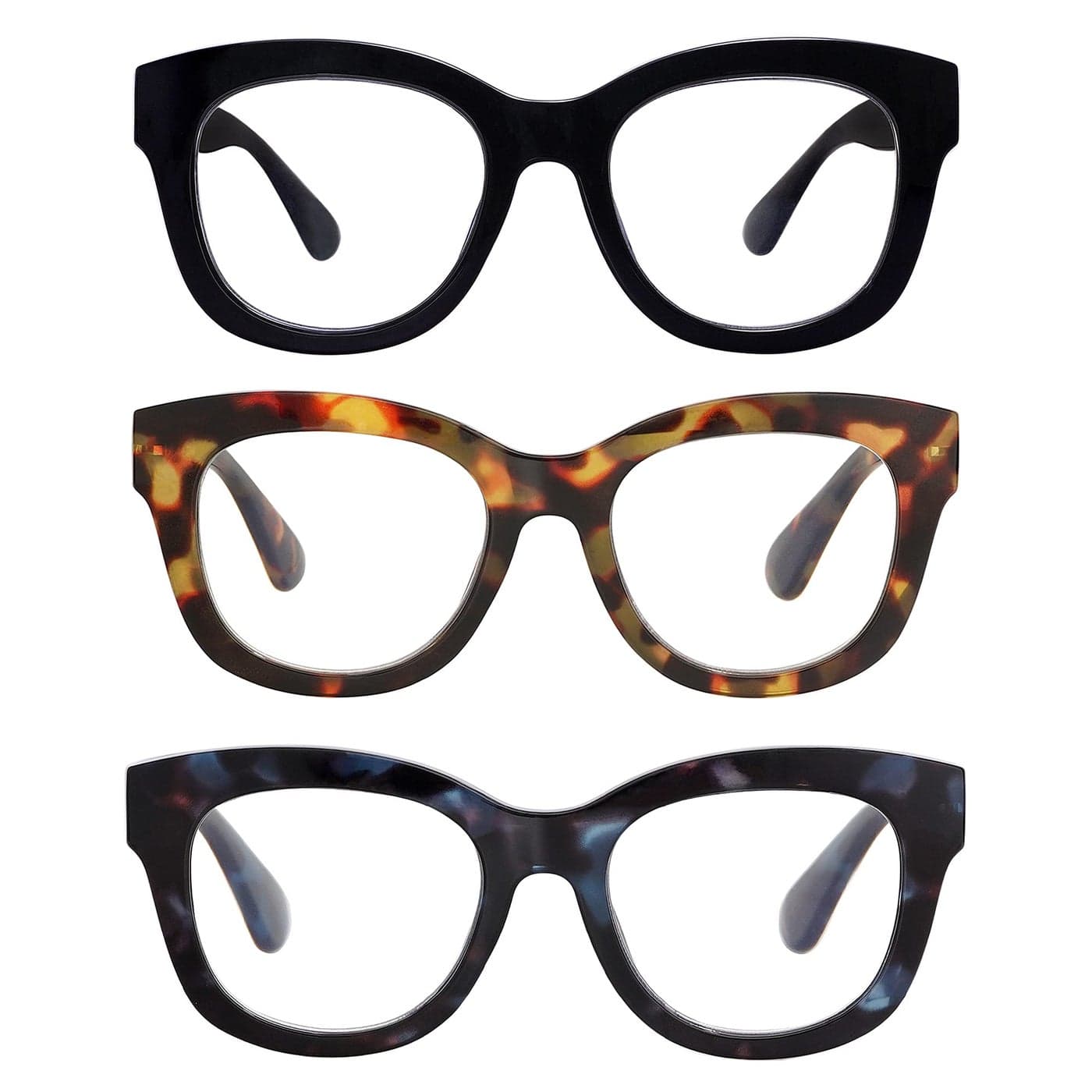 AMOMOMA 3 Pack Retro Oversized Reading Glasses for Women Blue Light Blocking Computer Readers Spring hinge AM6003 with Black+Brown+Blue Tortoise Frame 1.00 x