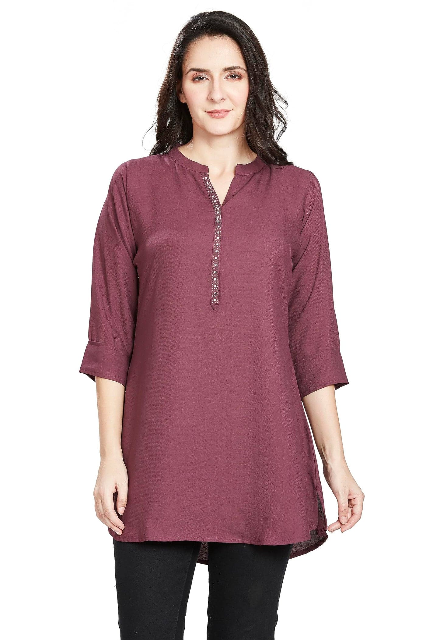 nioni Women's Straight Short Kurti -Tunic, 3/4 Sleeves, Manderian Collar, Hip Length, for Woman & Girl (10783_Wine_XL)