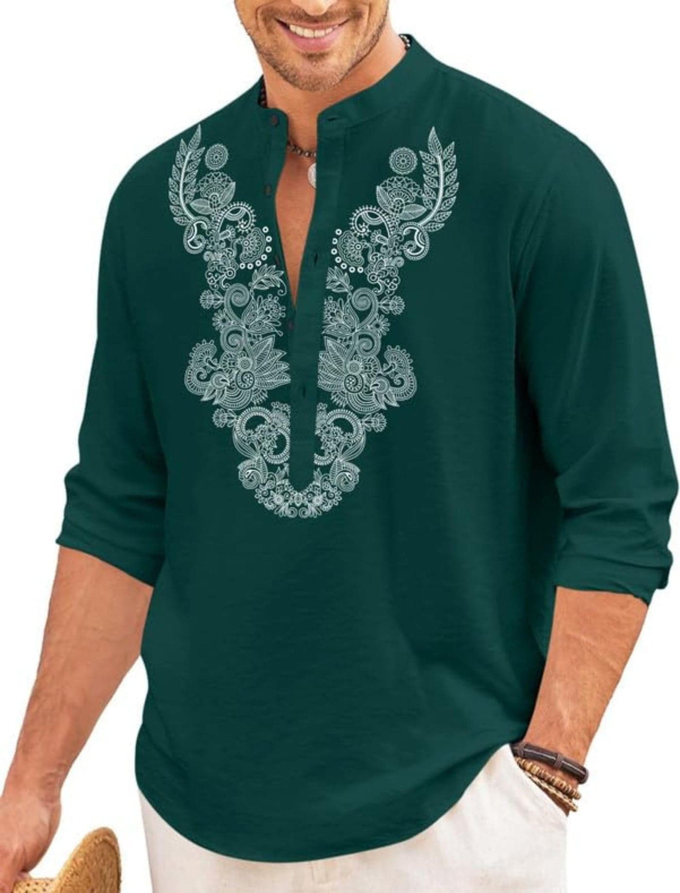 FINIVO FASHION Men’s Cotton Blend Short Kurta with Full Sleeves and Ethnic Neck Design | Casual Crinkle Texture Kurta with Mandarin Collar Green