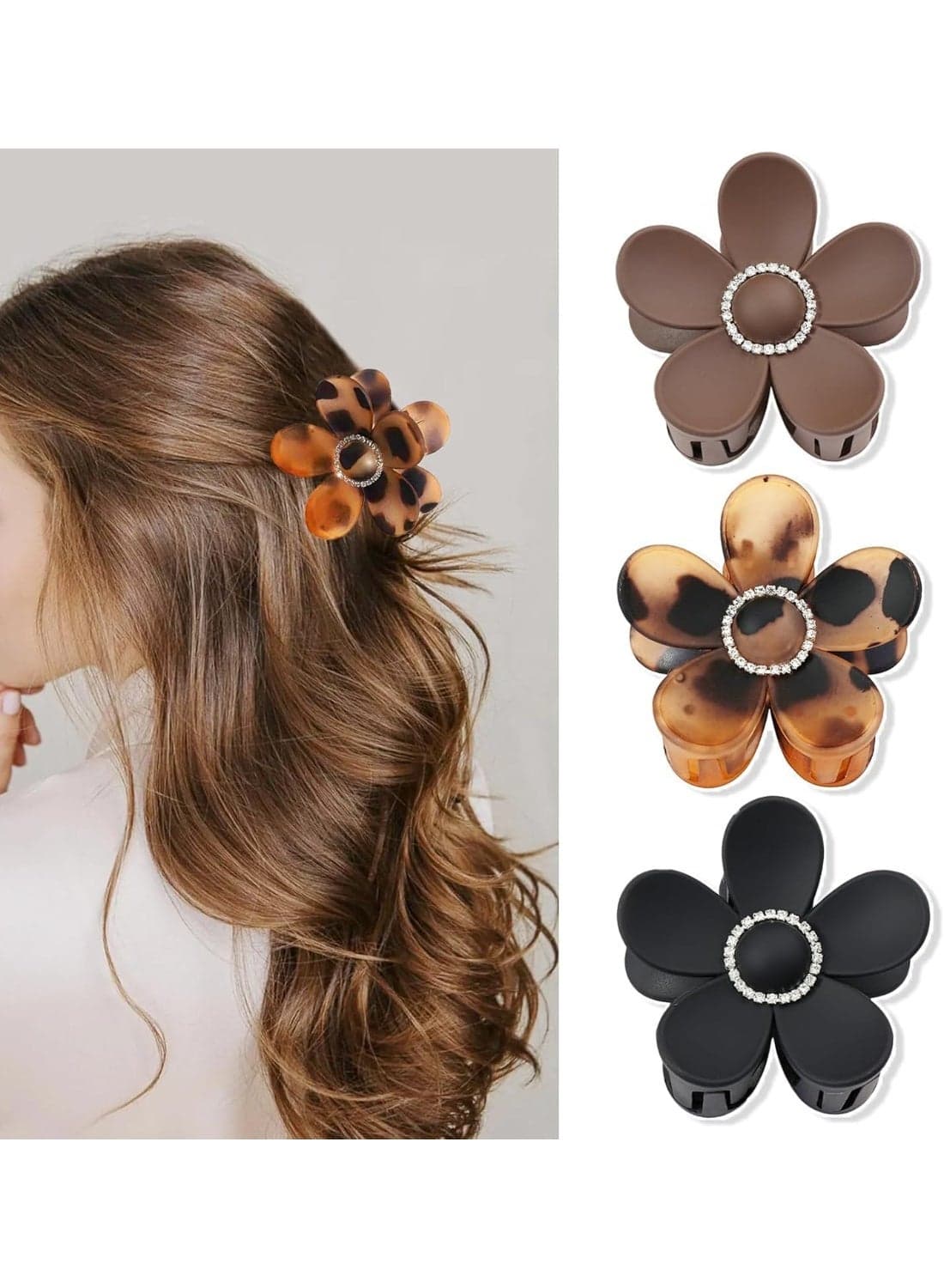 2.83inch Rhinestone Flower Claw Clip, for Women Girls, 3Pcs Large Matte Flower Hair Clips, Non-Slip Big Flower Claw Clips for Thin Thick Hair, Strong Hold Hibiscus Flower Hair Clip