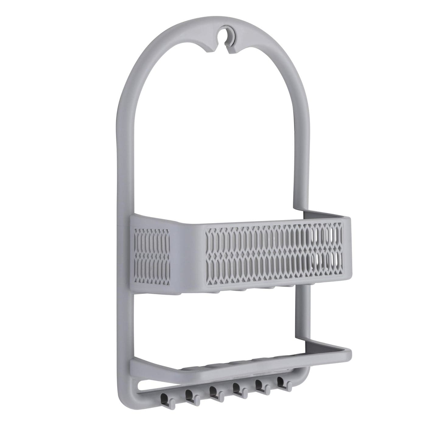 Bath Bliss Molded Shower Caddy Bathroom Storage Hangs Over Shower Head 6 Accessory Hooks Holds Razors Washcloths Accessories Suction Cup Stability Grey