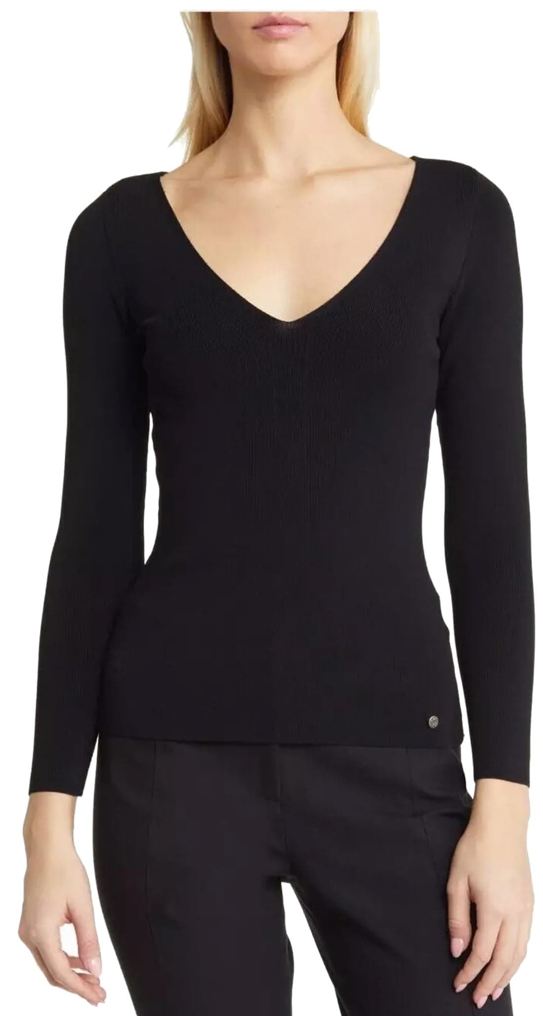 Stars and You V Neck Full Sleeves 100% Cotton Rib Top (in, Alpha, 3XL, Black)