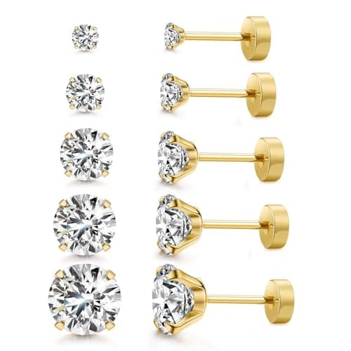 Kainier 5 Pairs Flat Back Stud Earrings CZ Earrings Round Surgical Steel AAAA Cubic Zirconia Hypoallergenic Ear Stud Set Gold/Silver 3-7mm