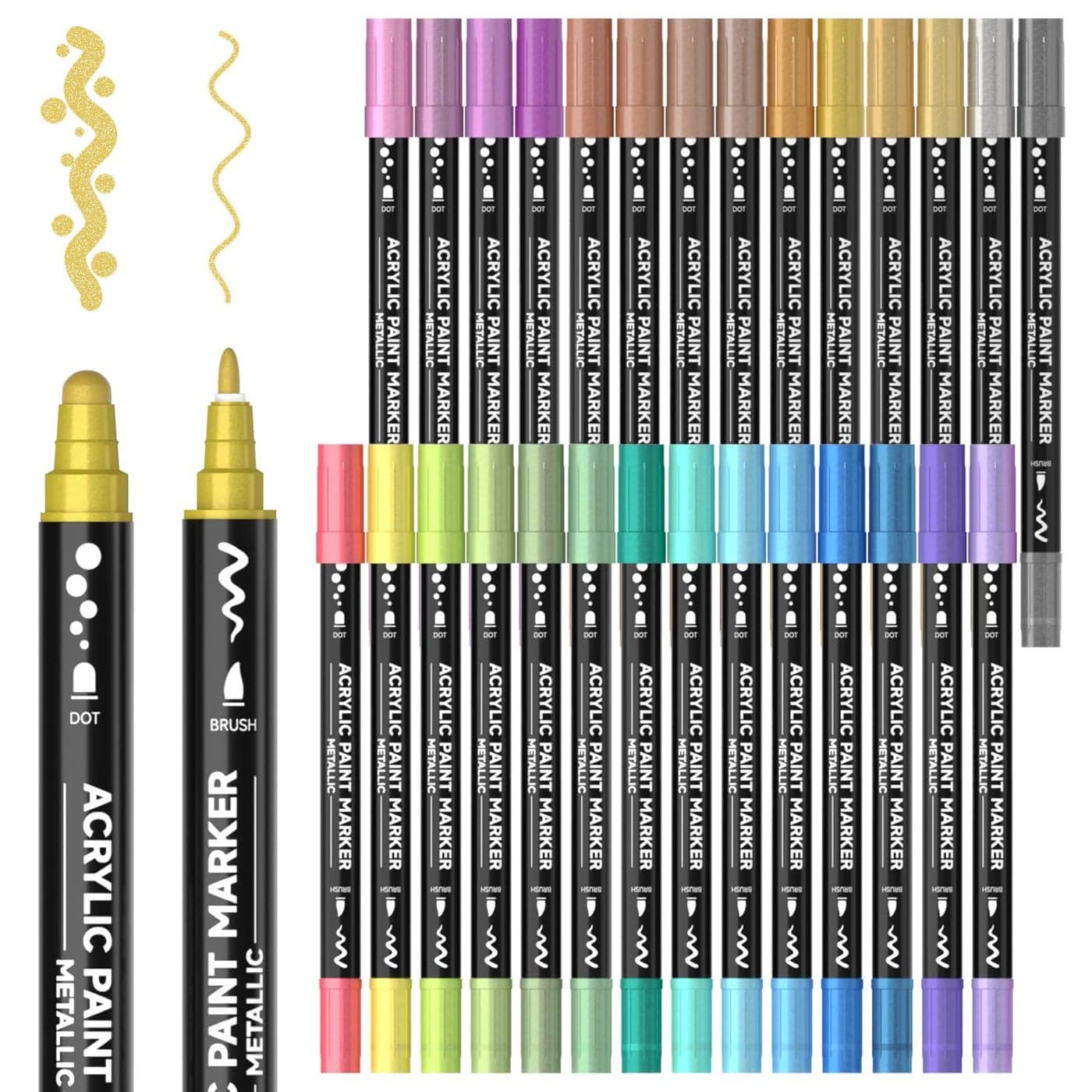 28 Metallic Colors Dual Tip Acrylic Paint Markers Dot Tip and Fine Tip Acrylic Paint Pens for Rock Ceramic Wood Canvas Plastic Glass Stone Calligraphy Card Making Crafts Nail Art