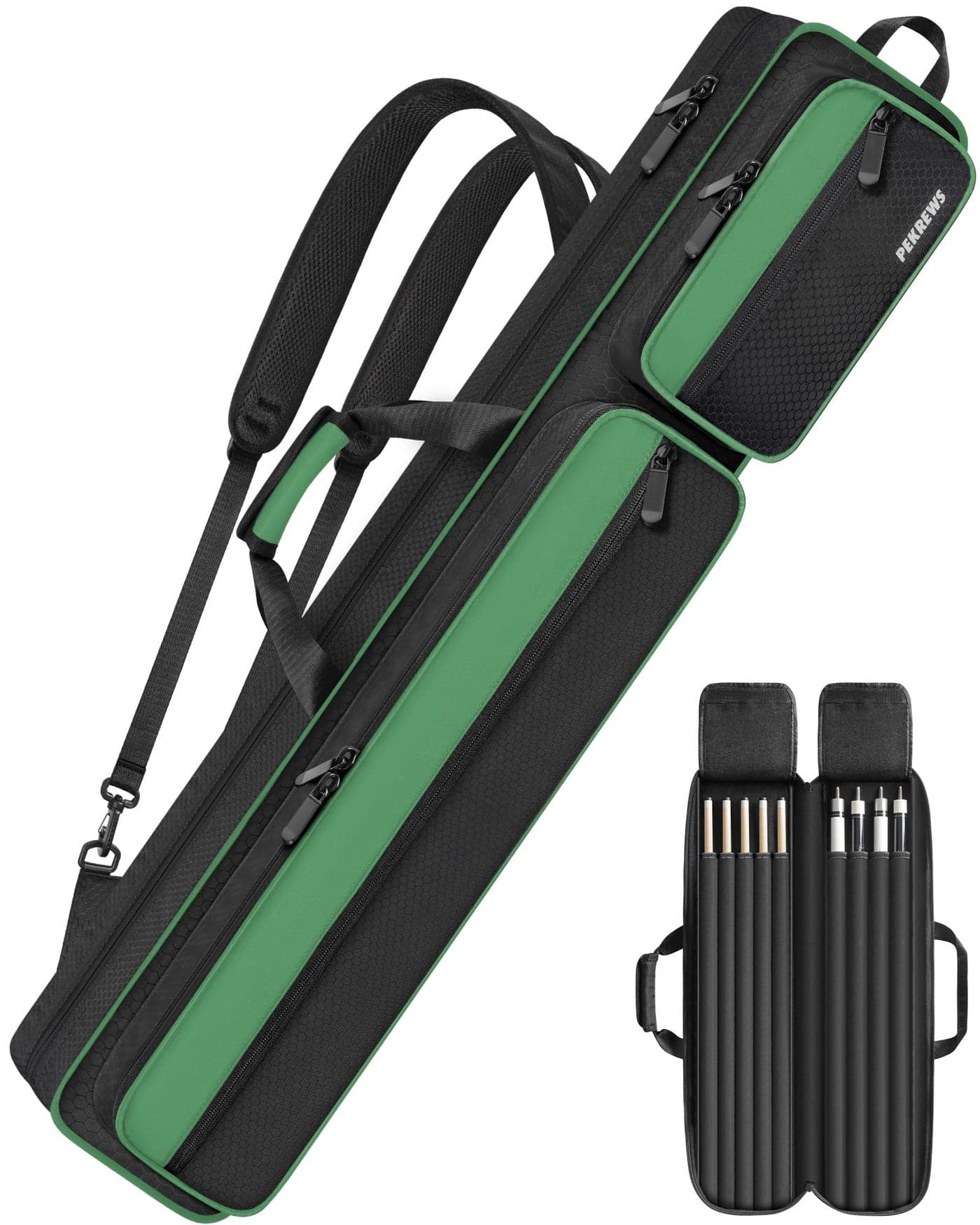 PEKREWS Pool Cue Case Pool Stick Case 4x5 with Multiple Pockets Holds 4 Butts 5 Shafts Soft Padded Sturdy Pool Cue Bag Billiard Cue Backpack with Adjustable Shoulder Straps for Men and Women