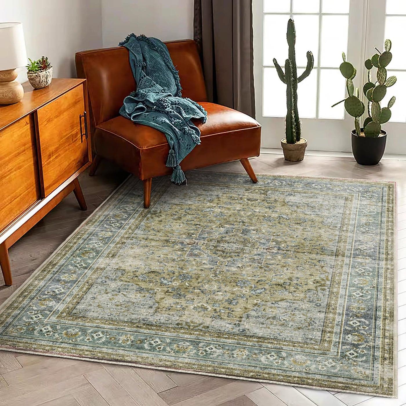 CHAMPLANT Area Rug 5x7 Washable Rug Vintage Traditional Floor Cover Thin Retro Kitchen Indoor Distressed Non Slip Carpet for Living Room Bedroom Dining Room