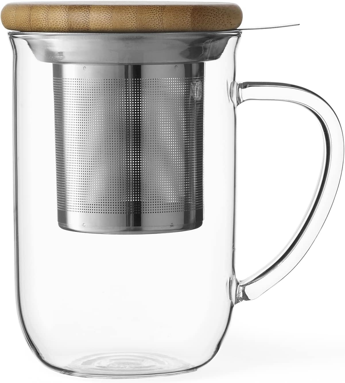 VIVA Minima Balance Glass Infuser Tea Cup 17 oz 500 ml Mug with Stainless Steel Infusion Mesh and Bamboo Wood Lid