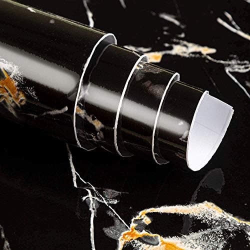WALLTON Wall Stickers Marble Wallpaper Furniture (16 x 48 Inch) Kitchen Cabinets, Almirah, Plastic & Wooden Tabletop, Wardrobe, Makeover PVC DIY Self Adhesive, Black & Golden Marble Glossy