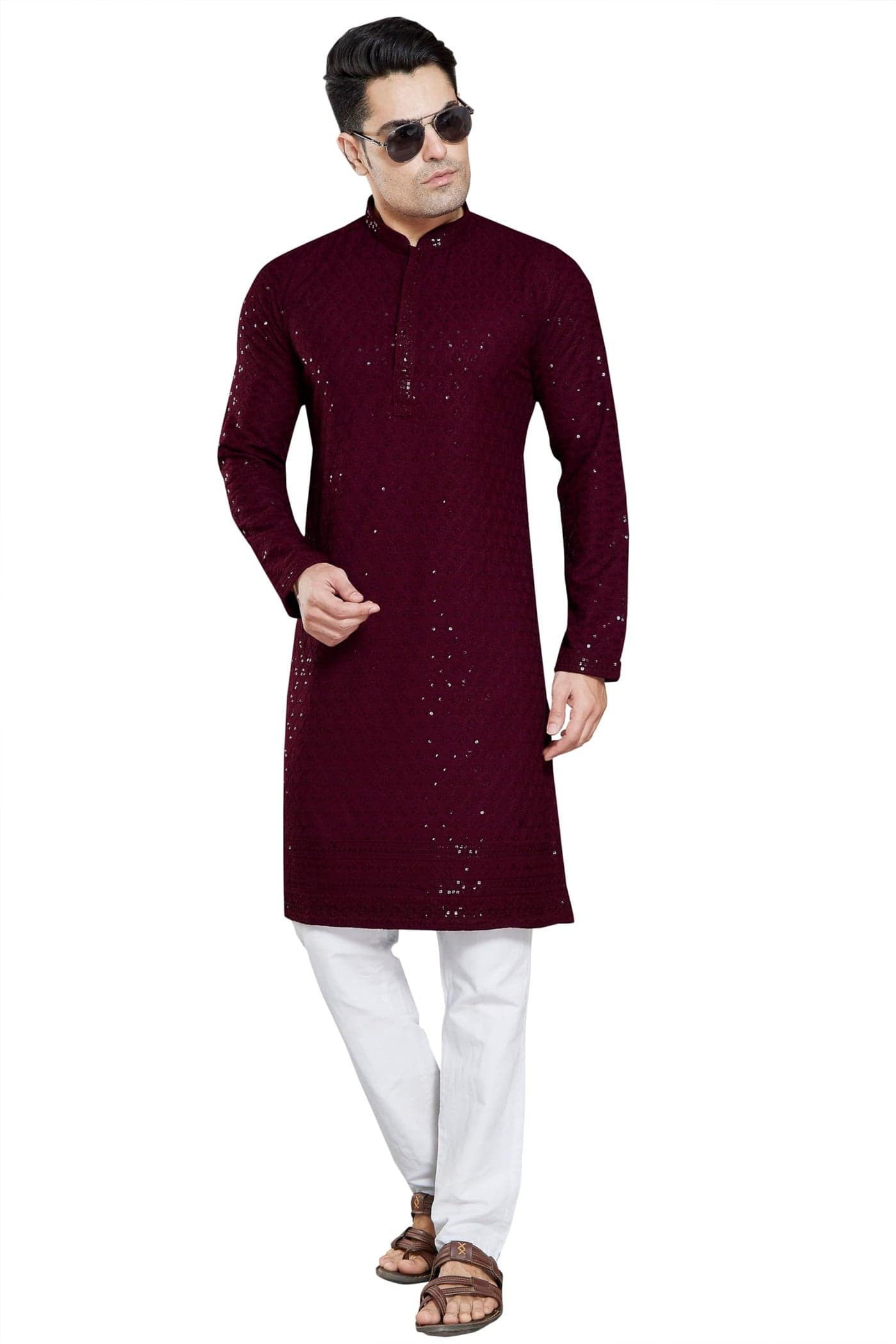 DIVISIVE Men's Sequince Embroidered Cotton Blend Slim Fit Kurta Pyjama Set (DKRT24_L_Burgundy)