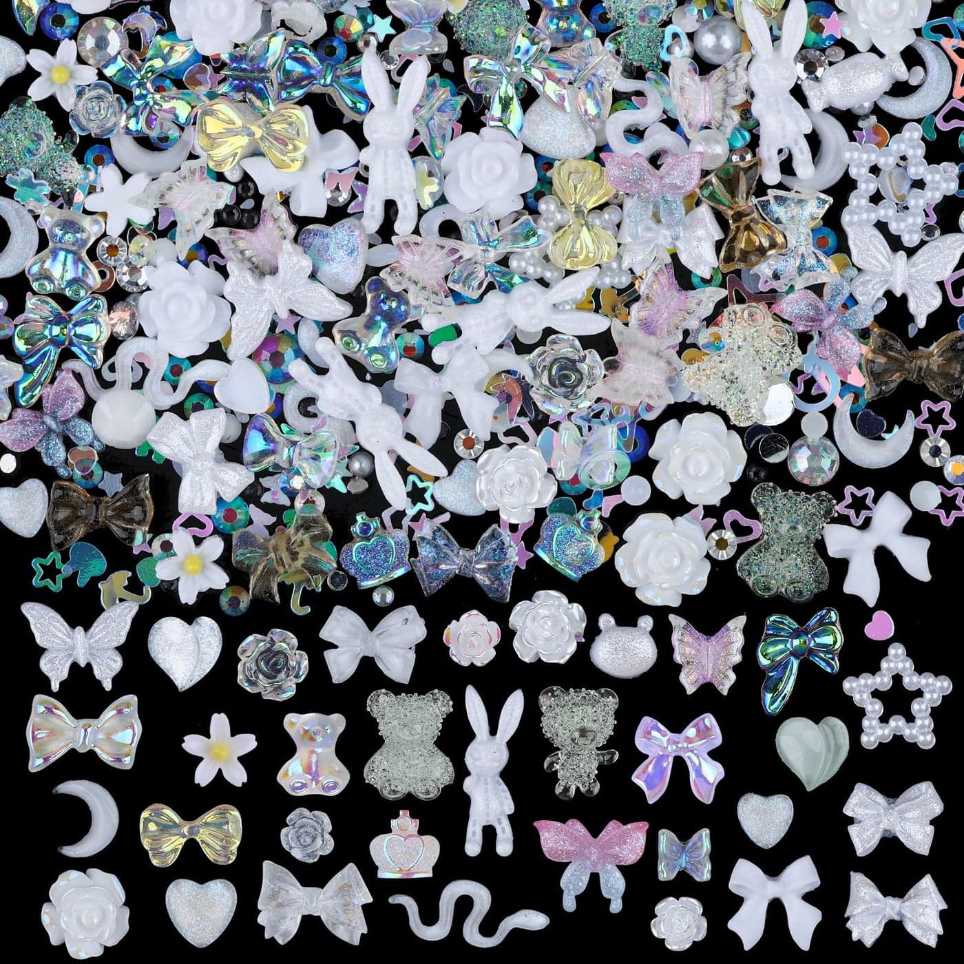 Kikonoke 100 Pieces 3D Resin Butterfly Bear Nail Charms Rose Flower Peach Skirt Bow Deer Snake Rabbit Animal Shaped Nail Art Rhinestones Pearls for DIY Nail Art Decoration Making Craft White