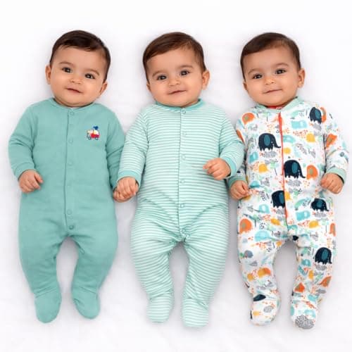 VParents Aqua Full Length Printed Baby Footies Sleepsuit Romper Pack of 3 - New Born (New Born, Green)