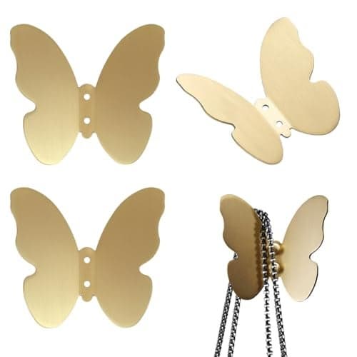 Primst 3 PCS Brass Butterfly Hooks with Screws, Decorative Wall Mounted Hooks Hat Rack Robe Hook for Bathroom Kitchen Entryway (Gold)