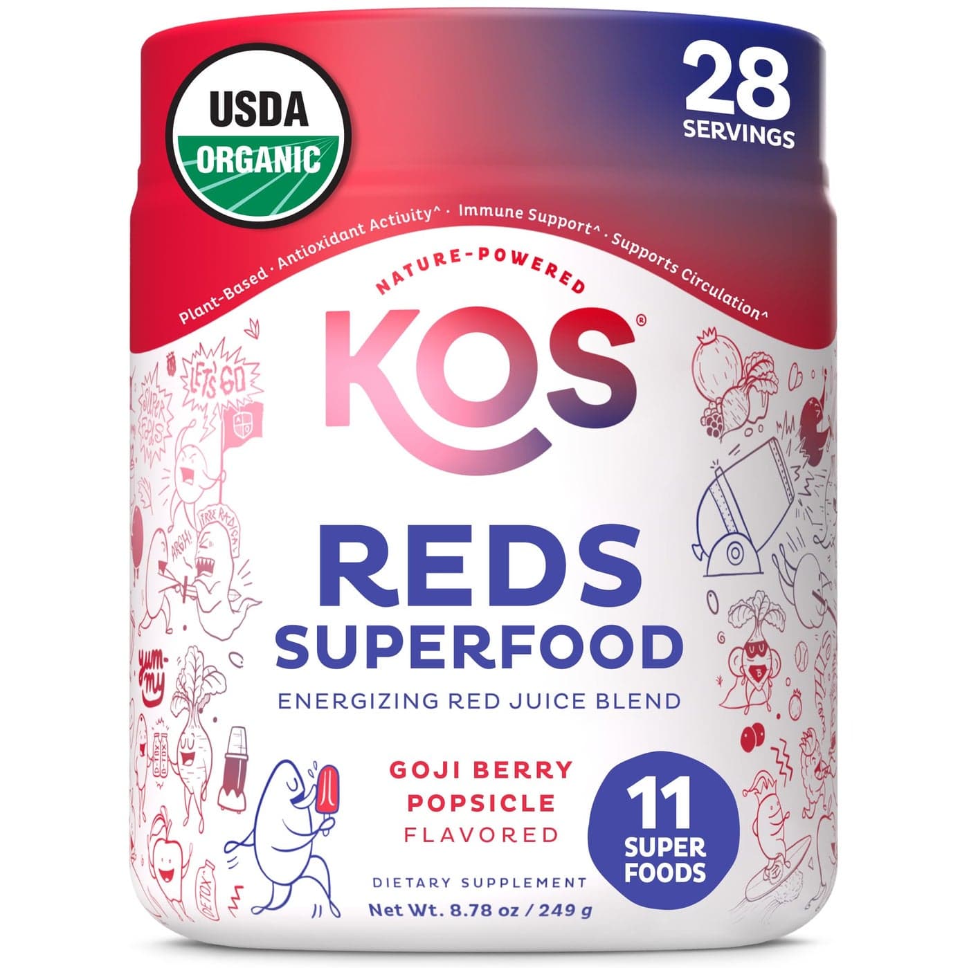 KOS Reds Superfood Powder for Antioxidants USDA Certified Organic Beet Root Goji Berries Acai Pomegranate Coconut Water Digestion Enzymes Goji Berry Popsicle Flavor Juice Mix 28 Servings