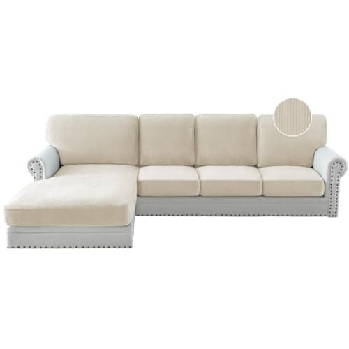 PrinceDeco Sofa Covers for Sectional Sofa, Velvet Soft Couch Covers Couch Cushion Covers Anti Slip, Stretch Sofa Slipcovers Washable Wear-Resistant Pet Friendly (1 PC Medium Seat Cover, Ivory)