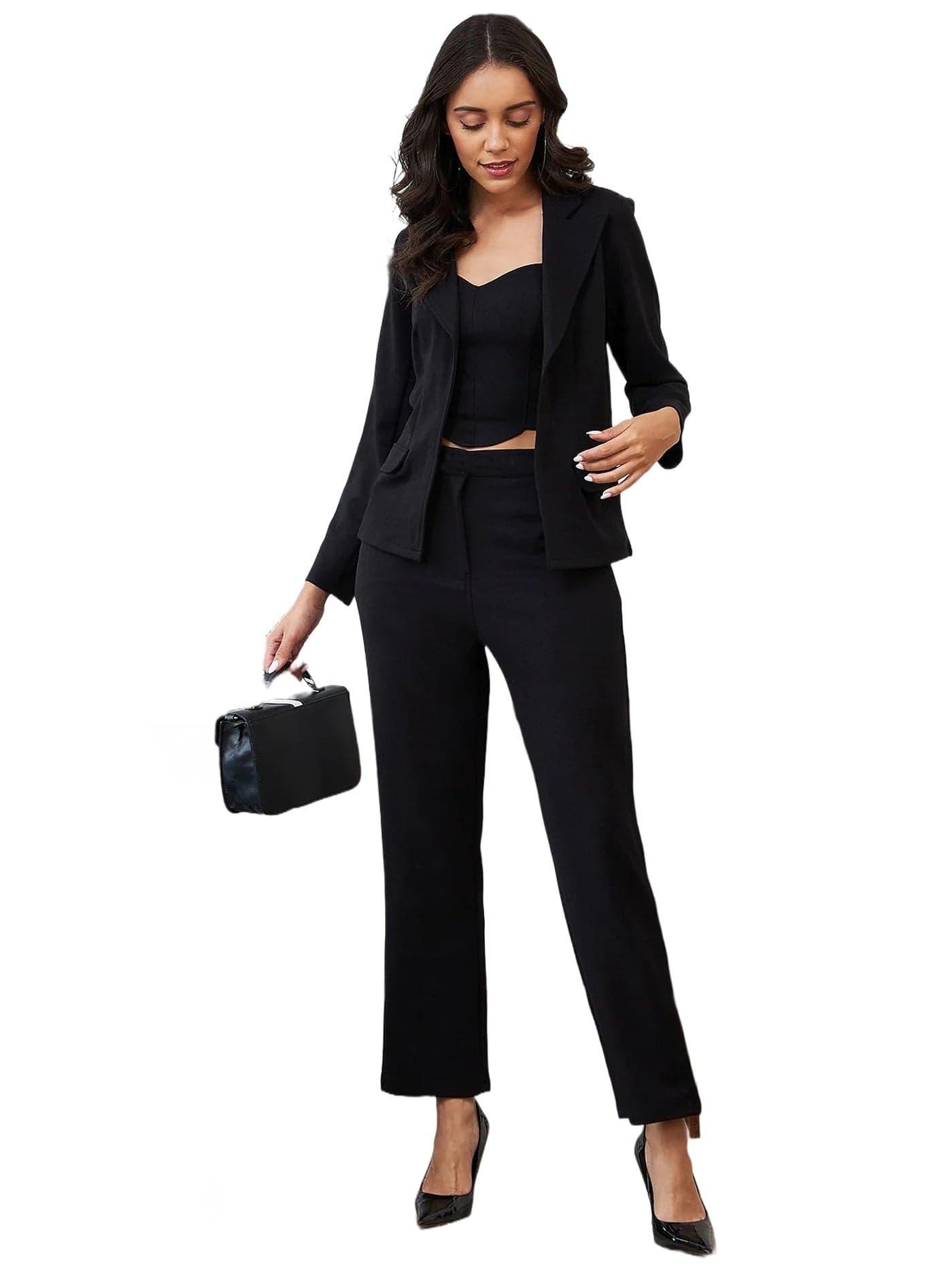 Florely Women's Lycra Solid Three Piece Outfits Blazer Co-Ord Set Women Outdoor Wear Maxi Dress Crop top Party Dress Stylish Latest Dresses (X-Large, Black)