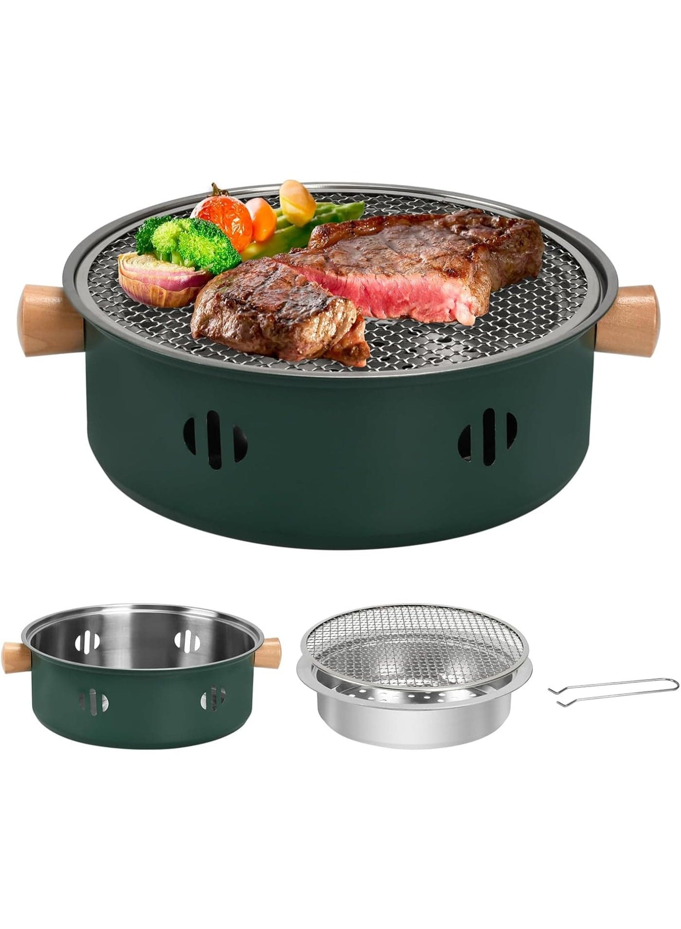 Portable Charcoal Barbecue Grill, 1pc Mini Charcoal BBQ Grill Multifunctional Charcoal Grill Smokeless Round Tabletop Charcoal Grill for Indoor Outdoor Cooking Home Party Picnic Camping (Green)