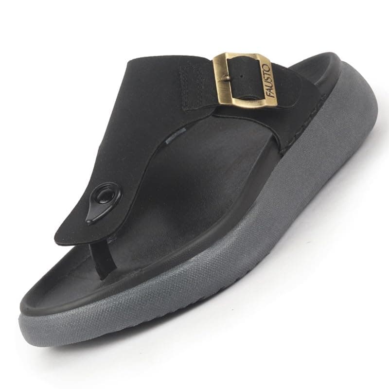 FAUSTO FST FOSMS-2189 BLACK-45 Men Black Buckle Adjustable T-Strap Side Stitched Summer Waterproof Slip On Sandals|Comfort Featherlite Insole|Thong Slipper for Monsoon Rainy Season (11 UK)