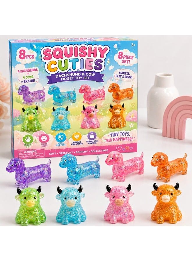 8 Pack Glitter Dachshund Cow Squishy Fidget Toy Set, Transparent Sparkly Gel Stretch Squeeze Stress Relief Balls, Cute Dog Highland Cow Sensory Squishies, Classroom Rewards Eid Birthday Party Goodie Bag Fillers Gifts for Kids Age 3+