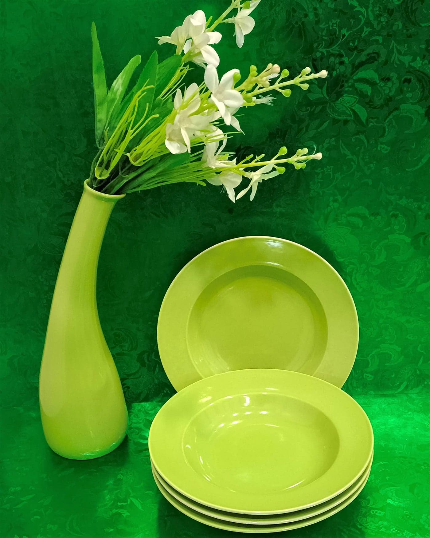 Caffeine Ceramic Handmade Stoneware Parrot Green 9 Inches Soup Plates/Pasta Plate/Macaroni Plate - Set of 4 Dishwasher & Microwave Safe
