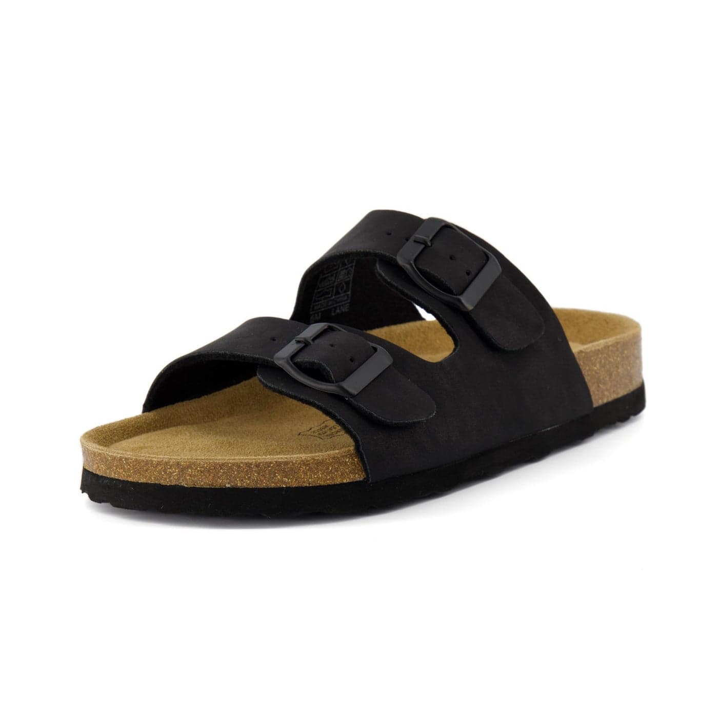 CUSHIONAIRE Lane Cork Footbed Sandals for Women – Comfortable Double Buckle Slip-On with Genuine Suede Footbed & Arch Support Slides for Women Footwear, BLACK 7