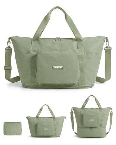 BAGSMART Foldable Travel Bag 37L Expendable Personal Item Bag Lightweight Weekender Bags for Women Water Resistant Extra Carry on for Travel Grayish Green