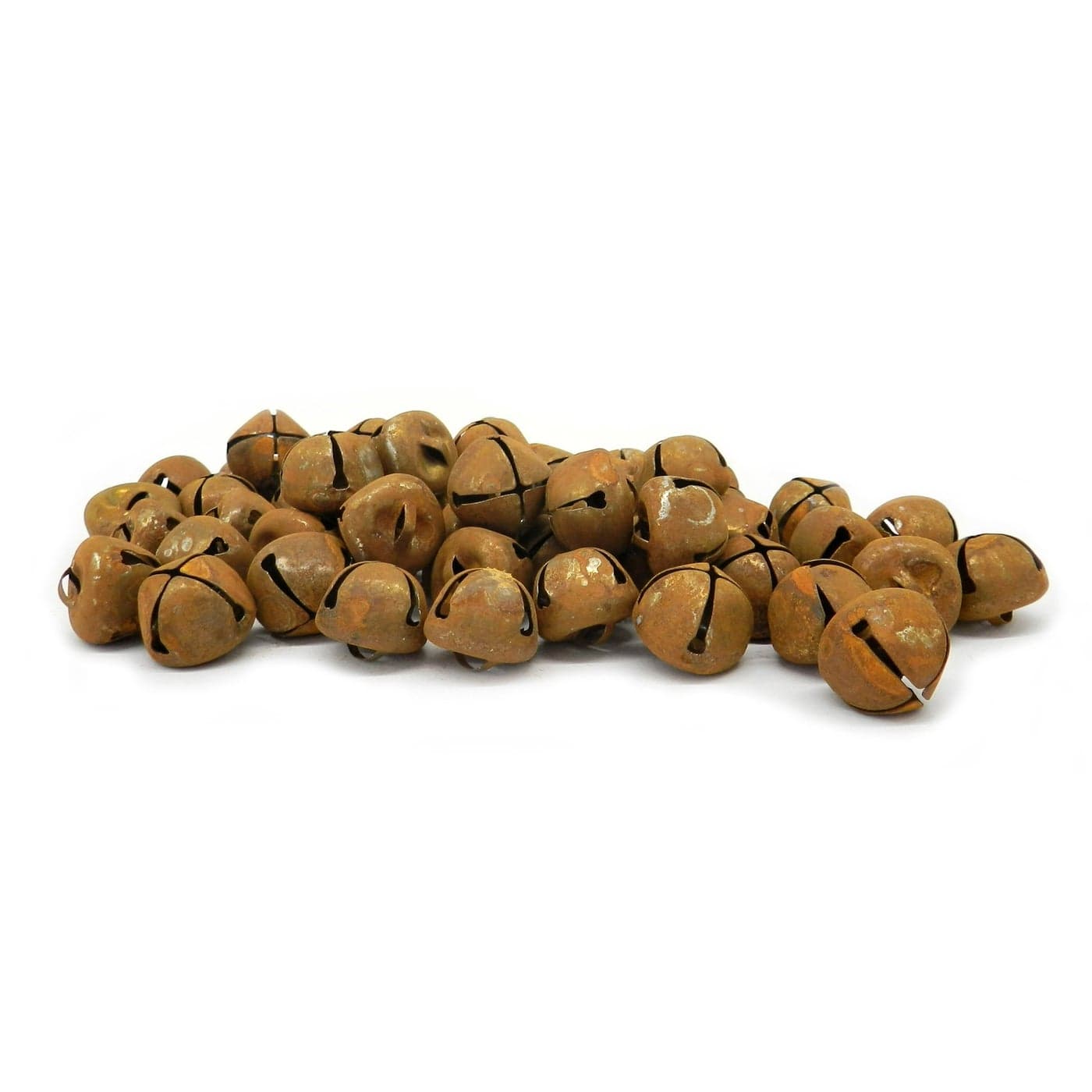CVHOMEDECO Vintage Primitive Craft Rusty Tin Jingle Bells for Crafting Designing and Decorating 34 Inch Packages of 50