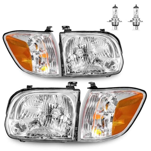 ROADEAL Headlight for 2005-2006 Tundra Double Cab SR5/Limited and 2005-2007 Sequoia Double Cab SR5/Limited Chrome Housing Amber Reflector