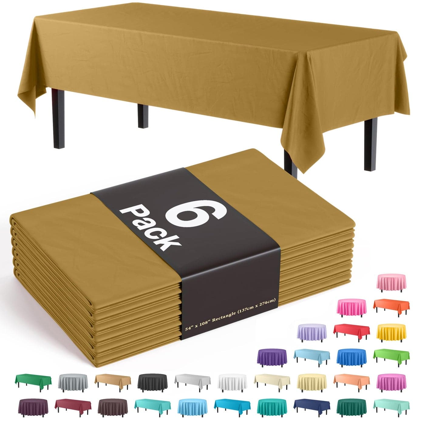 Party Solids 6Pack Premium Plastic Tablecloth 54in x 108in Rectangle Plastic Table Cover Gold