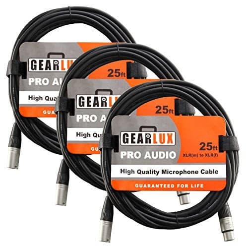 Gearlux XLR Microphone Cable, Fully Balanced, Male to Female, 25 Feet - 3 Pack